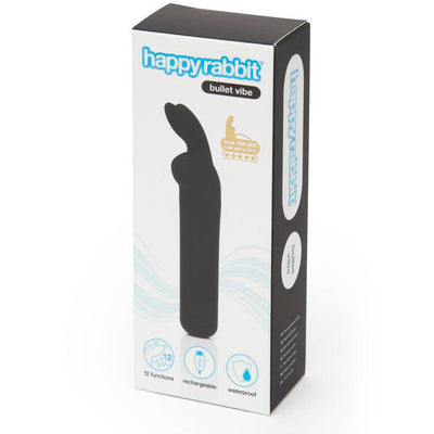 Packaging box of Happy Rabbit Rechargeable Bullet Vibrator in black with icons for 12 functions, rechargeable, and waterproof features.