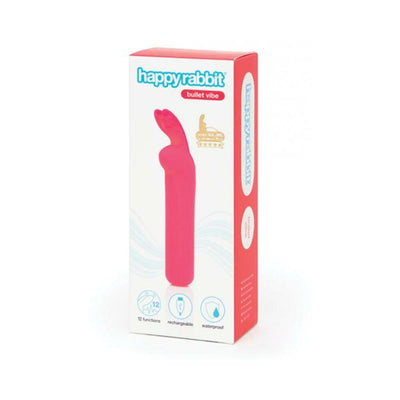 Packaging box of Happy Rabbit Rechargeable Bullet Pink vibrator highlighting 12 functions, rechargeable and waterproof features.