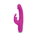 Purple slimline silicone vibrator with curved tip and external stimulator, designed for G-spot and clitoral pleasure.