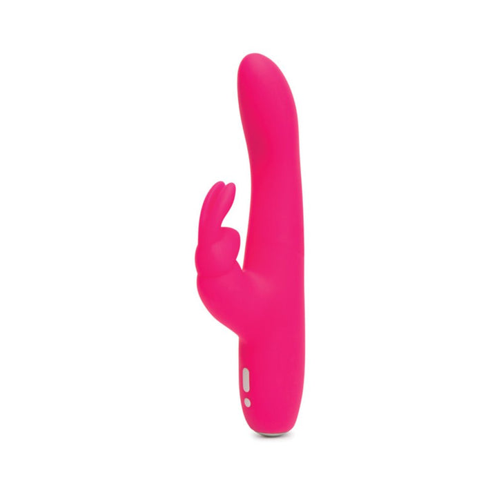 Bright pink slimline vibrator with curved tip and dual motor rabbit-style clitoral stimulator on white background.