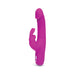 Purple slimline silicone vibrator with curved tip and rabbit-shaped clitoral stimulator, featuring control buttons at the base.