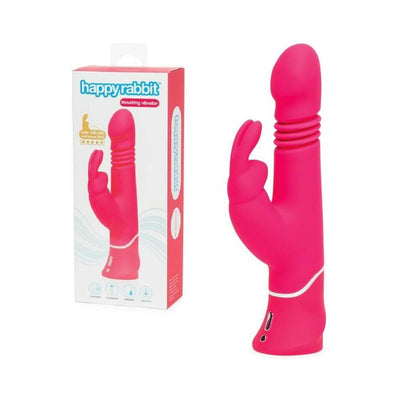 Pink Happy Rabbit thrusting vibrator with dual motors and ergonomic design next to its packaging box.