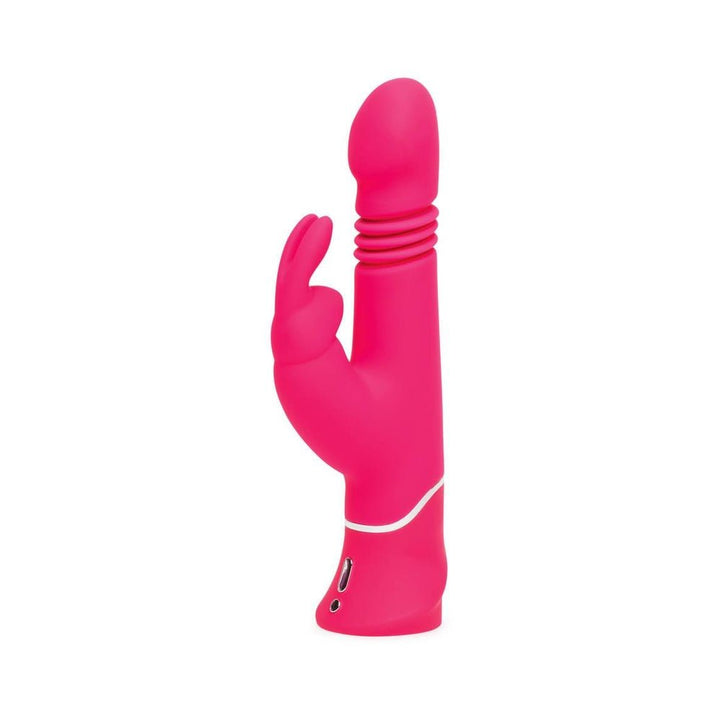 Pink rechargeable Happy Rabbit vibrator with thrusting shaft and dual motors, designed for personalized pleasure.