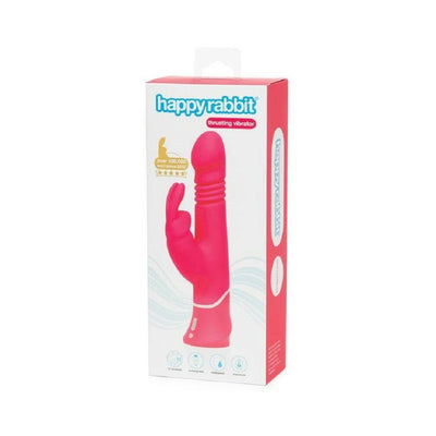 Packaging of Happy Rabbit Thrusting Pink Vibrator showing product image and key features on a white and pink box.