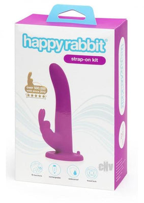 Purple Happy Rabbit vibrating strap-on kit packaging with product image and key features icons.