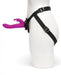 Purple Happy Rabbit vibrating strap-on with adjustable black harness displayed on a white mannequin side view.
