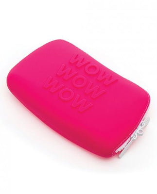 Bright pink silicone zippered storage pouch with embossed WOW text, compact and discreet for personal items.