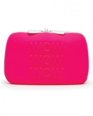 Bright pink silicone zip-up storage bag with embossed WOW text, compact and discreet for small essentials.