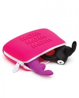 Pink silicone zip storage bag partially open with two small silicone items inside, compact and discreet design.