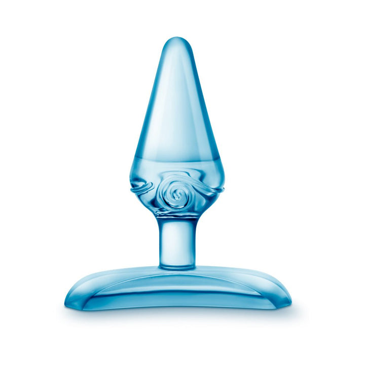 Blue translucent tapered anal toy with a flat base and decorative swirl detail.