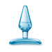 Blue translucent tapered anal toy with a flat base and decorative swirl detail.