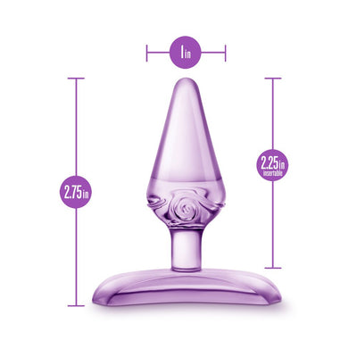 Purple tapered beginner anal toy with decorative swirl and flat base, measuring 2.75 inches long and 1 inch wide.