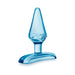 Translucent blue tapered anal plug with a curved base and spiral detail on a white background.