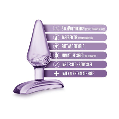 Purple mini-sized anal toy with tapered tip and StayPut base, soft flexible design, latex and phthalate free, body safe and lab tested.