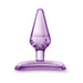 Purple tapered beginner-friendly anal plug with decorative swirl design and wide base for safe use.