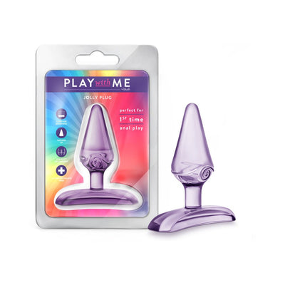 Purple tapered beginner-friendly anal plug with rose detail, shown with colorful Play With Me packaging.