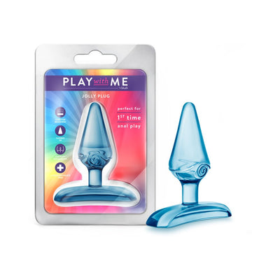 Blue tapered beginner anal plug with rose detail and wide base, shown in packaging and outside.