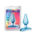 Blue tapered beginner anal plug with rose detail and wide base, shown in packaging and outside.