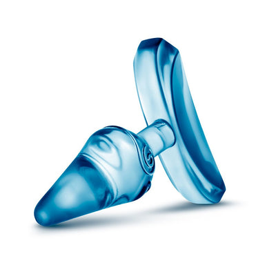 Blue translucent small tapered anal plug with flat base for safe use on white background.