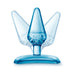 Blue translucent tapered anal plug with a flared base shown in motion for beginner use.