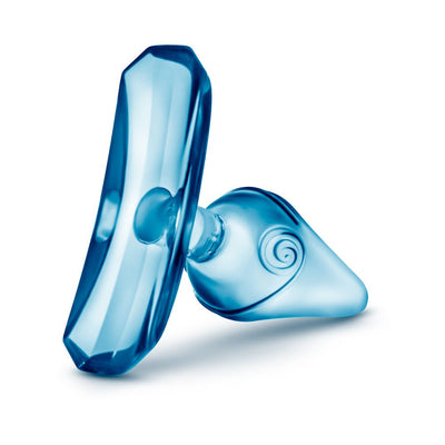 Blue translucent small tapered anal toy with wide base and spiral detail, designed for beginner comfort.