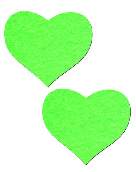 Pair of neon green heart-shaped glow in the dark adhesive pasties on white background.