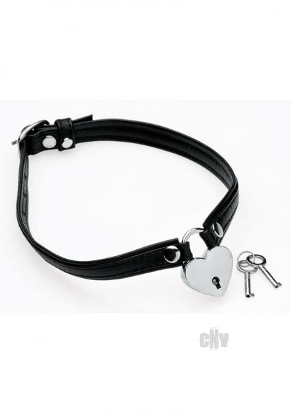 Heart Lock Leather Choker With Lock And Key - Black | SexToy.com