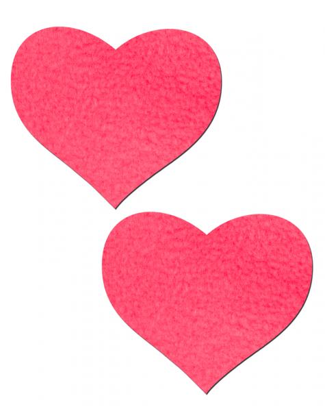 Pair of neon pink heart-shaped pasties made from soft, textured waterproof fleece for comfortable wear.