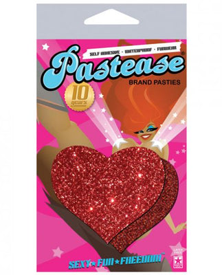 Packaging of red glitter heart-shaped self-adhesive waterproof pasties with vibrant pink and orange design.