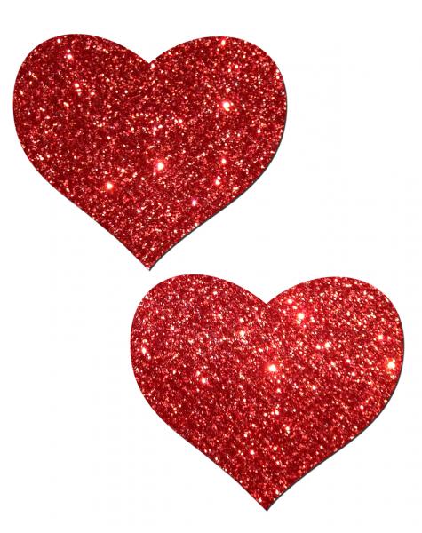 Pair of red glitter heart-shaped adhesive pasties with sparkling finish on white background