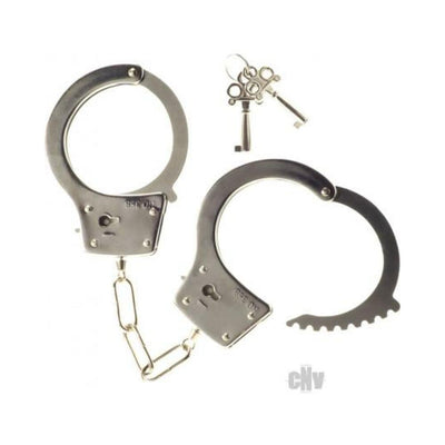 Silver heavy metal handcuffs with chain and two vintage-style release keys on white background.