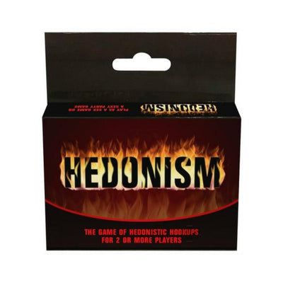 Hedonism card game box with fiery design and bold text for adult party fun and hedonistic hookups.