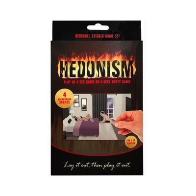 Hedonism reusable sticker game set packaging showing hand placing stickers on bedroom scene background.