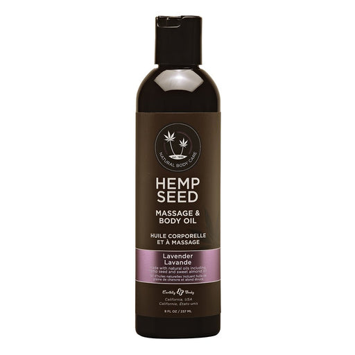 Bottle of Hemp Seed Lavender Massage and Body Oil with natural ingredients, 8 fl oz size