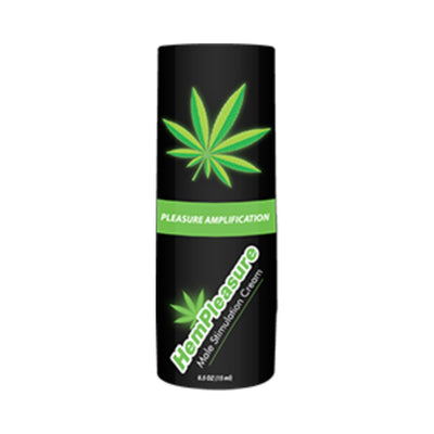Black and green tube of Hempleasure For Men arousal cream with hemp leaf design and pleasure amplification label.