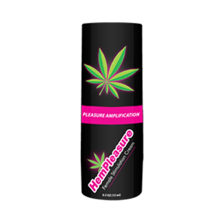 Black 0.5oz bottle of HemPleasure female stimulation cream with green hemp leaf and pink label accents.