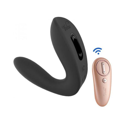 Black C-shape vibrating plug with ergonomic design and rose gold wireless remote control for adjustable intensity and patterns.