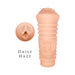 Soft flesh-toned stroker with ribbed grip and detailed entrance, branded Hey 19! Daisy Haze design shown from side and front.