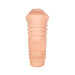 Compact flesh-toned stroker with textured grip and embossed Hey 19! logo on a white background.