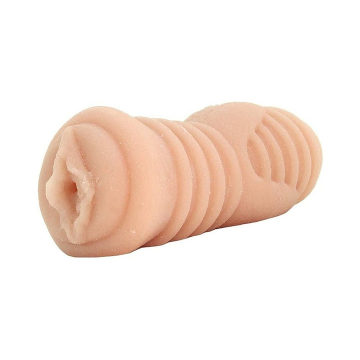 Soft flesh-toned textured male stroker with ribbed exterior and realistic design for intimate use.