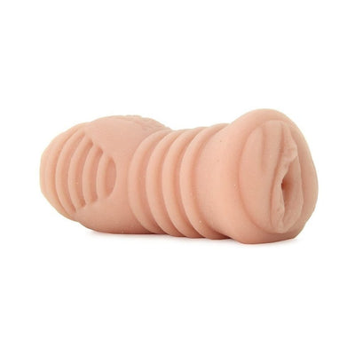 Soft, textured flesh-colored male stroker designed for intimate use with a ribbed exterior and realistic opening.