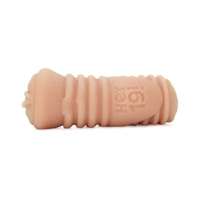 Compact textured stroker sleeve in soft skin tone with "Hey 19!" embossed on the side.