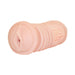 Compact flesh-colored stroker with realistic texture and ribbed exterior for enhanced grip and pleasure.