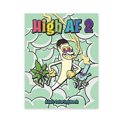 Cover of High AF 2 adult coloring book featuring cartoon cannabis leaf, joint, and bong characters on a green smoky background.