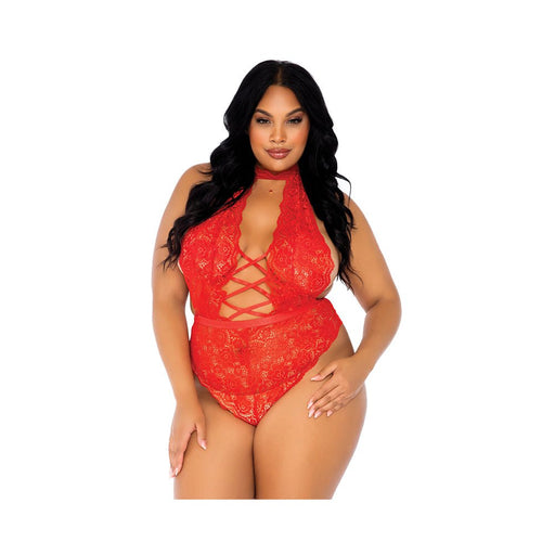 High Neck Floral Backless Teddy With Crotchless Thong Panty Red 1x/2x | SexToy.com