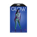 Packaging image of a neon green UV reactive high neck bodystocking with fishnet design and matching G-string panty on a model against a blue background.