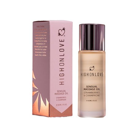 HighOnLove Mini Massage Oil in Strawberries & Champagne scent with pink and copper packaging, 1 oz bottle.
