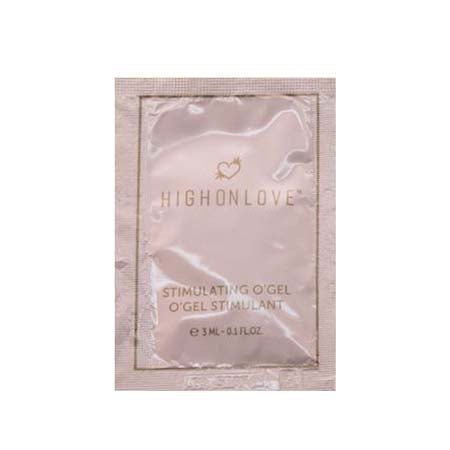 Single sachet of HighOnLove O Gel stimulating lubricant in soft pink packaging with gold lettering.