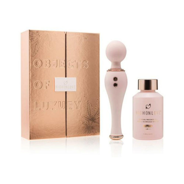 Highonlove Objects of Luxury Gift Set with rose gold box, pink silicone body wand, and sensual massage oil bottle
