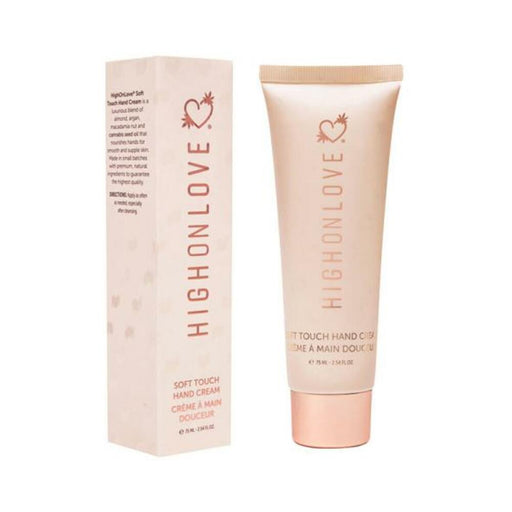 Highonlove Soft Touch Hand Cream tube and matching box in soft pink with rose gold lettering and heart logo.